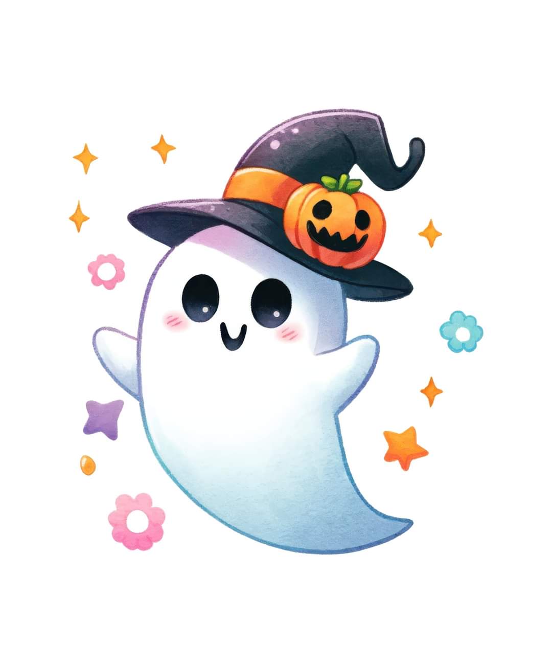 Kawaii traditional white ghost wearing a witches hat