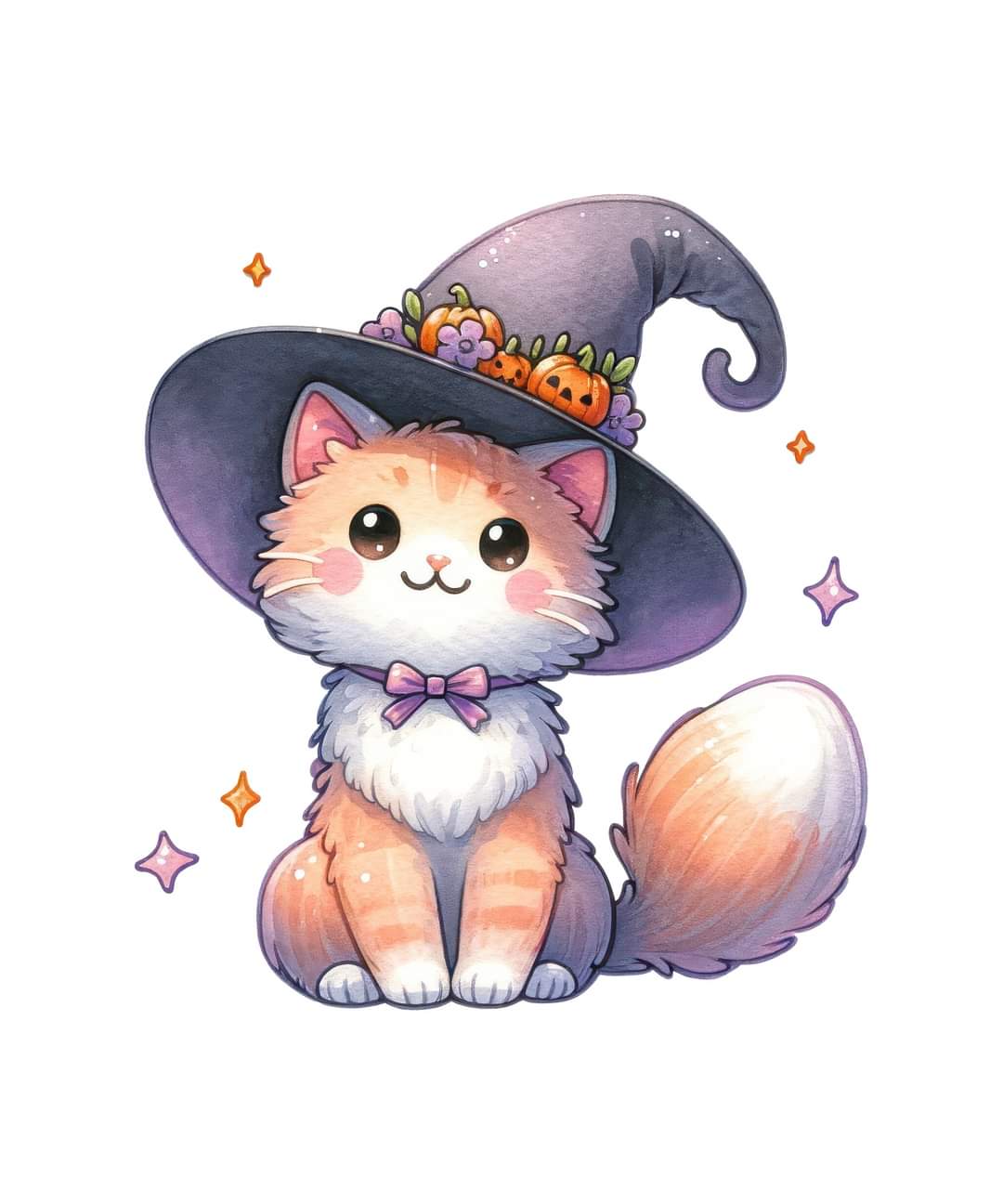 Kawaii orange and white cat, with a fluffy tail and wearing a black witches hat