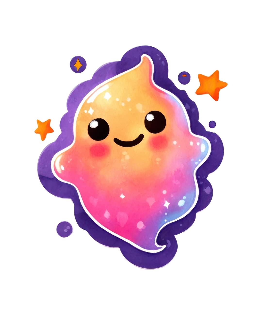Kawaii blob looking orange ghost with a purple outline